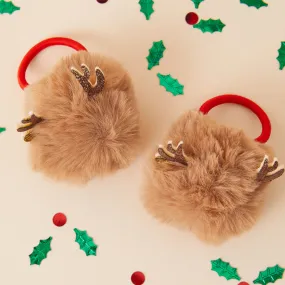 Accessorize London Girl's Brown Christmas Reindeer Hair Pom Ponies