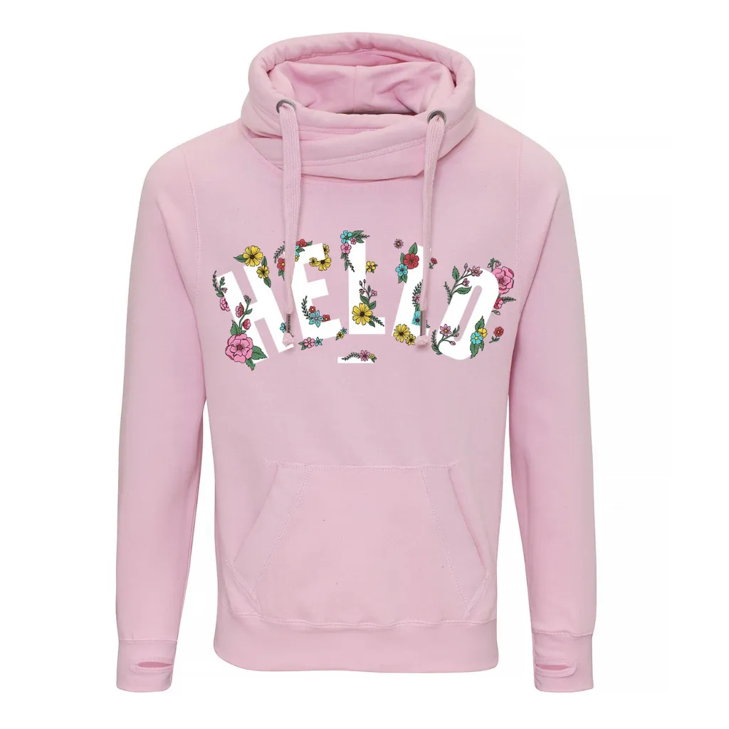 Grey Floral Hello Cowl Neck Hoodie