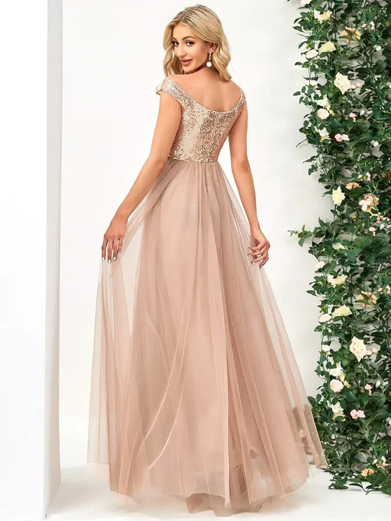 High Waist Tulle & Sequin Sleeveless Evening Dress