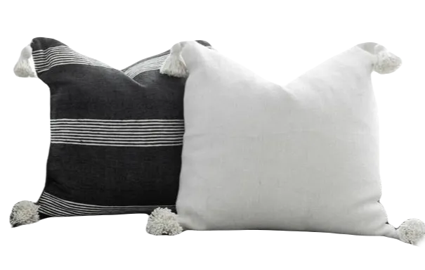 Moroccan Pom Pom Pillow - Square - Set of two Covers - Black Layali - White & Black