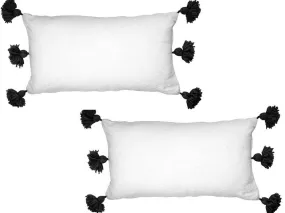 Moroccan PomPom Lumbar Pillow - Set of two Covers - White with Black Pom Poms