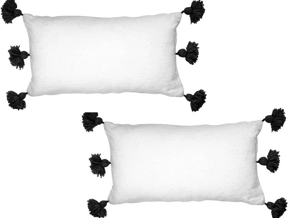 Moroccan PomPom Lumbar Pillow - Set of two Covers - White with Black Pom Poms