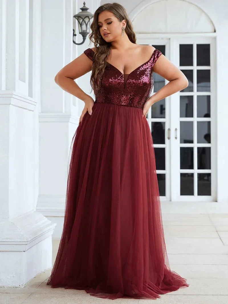 Plus Size High Waist Tulle & Sequin Sleeveless Evening Dress