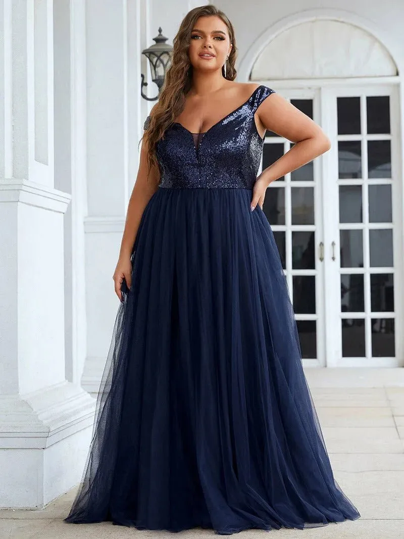 Plus Size High Waist Tulle & Sequin Sleeveless Evening Dress