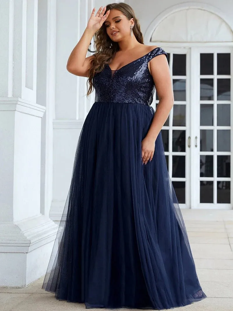 Plus Size High Waist Tulle & Sequin Sleeveless Evening Dress