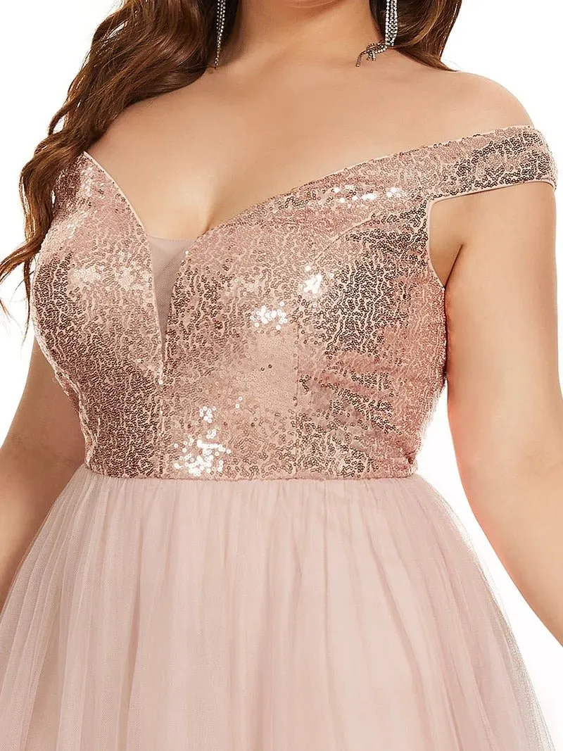 Plus Size High Waist Tulle & Sequin Sleeveless Evening Dress