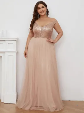 Plus Size High Waist Tulle & Sequin Sleeveless Evening Dress