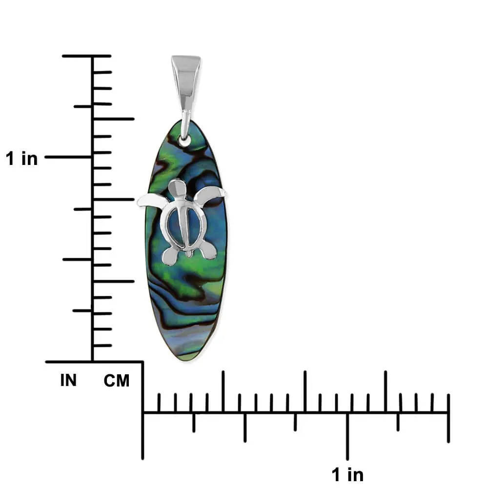 Sterling Silver Abalone Shell Surfboard Turtle Pendant Necklace, 16 2" Extender